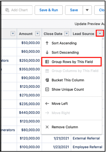 Group Rows by this Field Salesforce
