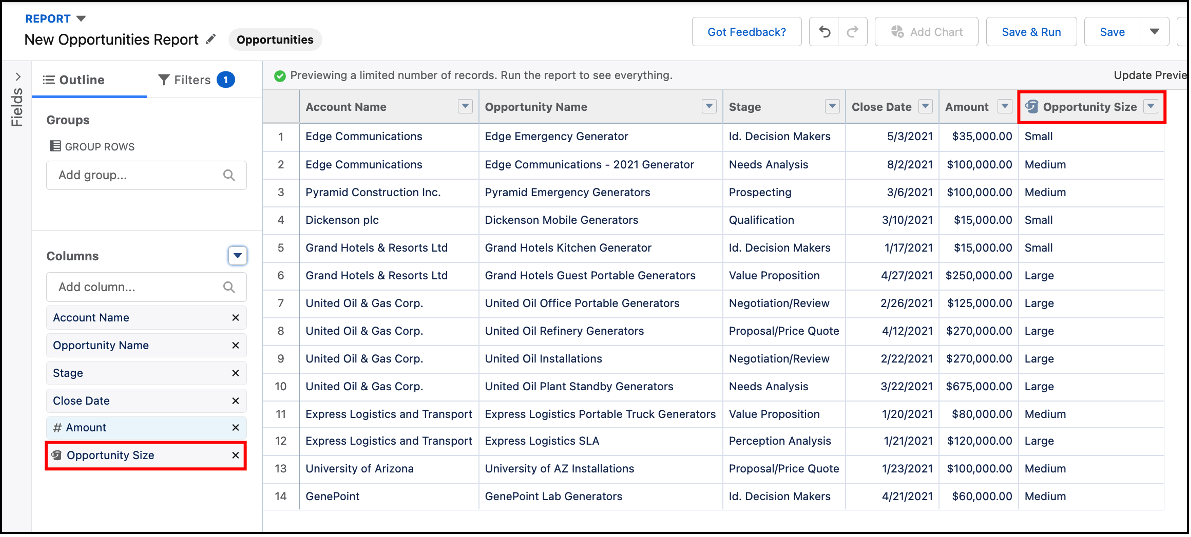 Opportunity Size Bucket Column