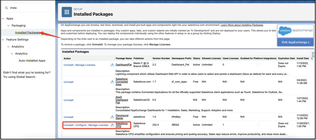 Salesforce Installed Packages cpq