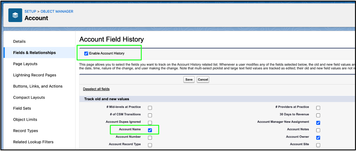 Enable Account History Tracking