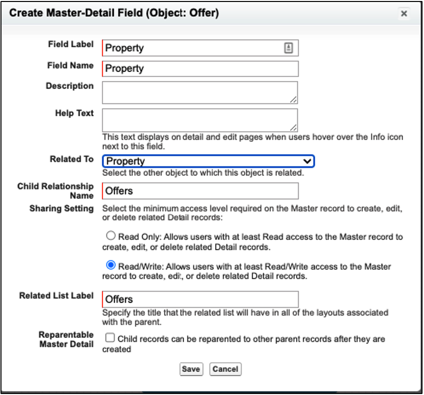 Master-Detail Relationship Salesforce Schema Builder