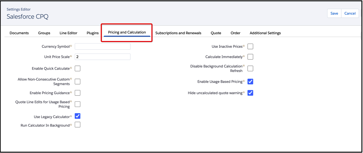 CPQ Pricing and Calculation Settings