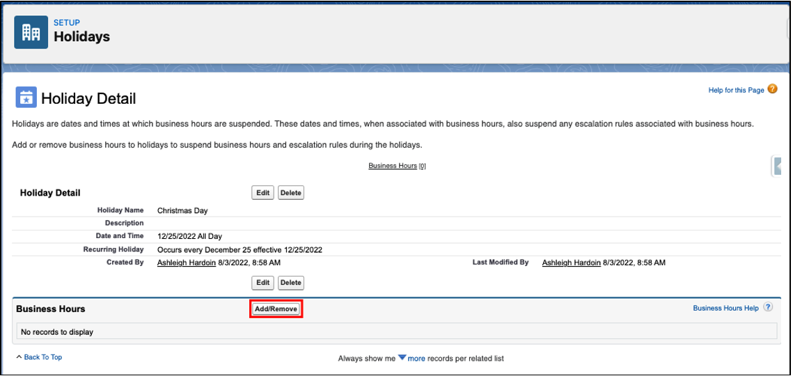 Add Remove Business Hours