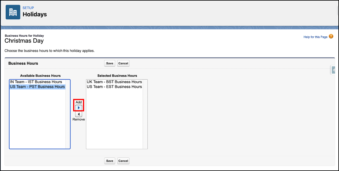 Selected Business Hours
