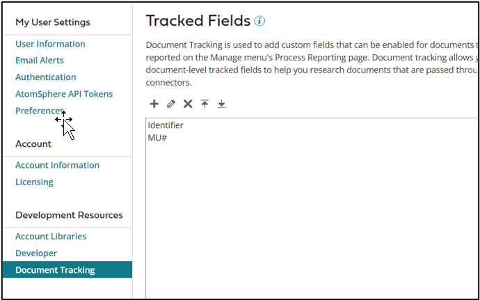 Boomi Tracking Fields - Setup -> Document Tracking